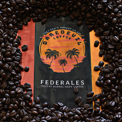 Federales package displayed among roasted coffee beans