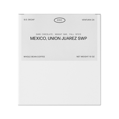 Coastal Mexico Union Juarez decaf bag front label