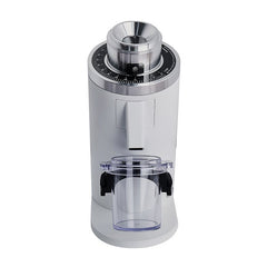 White Turin DF54 v4.1 grinder front view with dosing cup