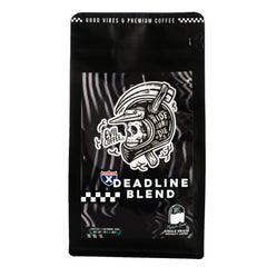 Black Deadline Blend bag with a helmeted skull graphic — Evil Coffee Deadline Medium Roast Coffee Blend