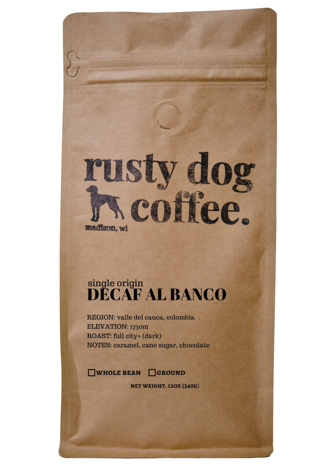 Bag of dark roast coffee from Colombia, Nariño with notes of Chocolate