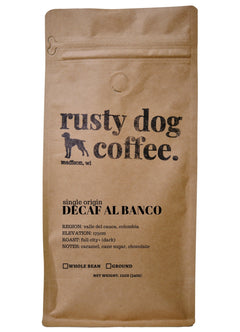 Rusty Dog Decaf Al Banco Full City+ Roast — decaf coffee package, image 1