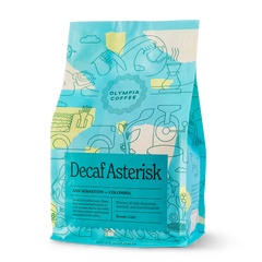 Olympia Decaf Asterisk Colombian Sugarcane Coffee — turquoise Olympia Decaf Asterisk coffee bag