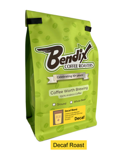 Front of green Bendix Decaf Coffee Blend bag showing its product label