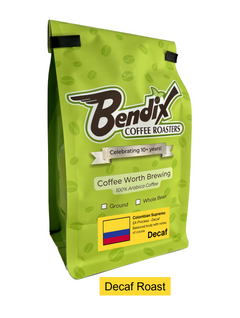 Front of green Bendix Colombian EA Decaf Coffee bag showing its product label