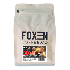 Foxen Ethiopian Decaf Medium Roast ground coffee in a white pouch