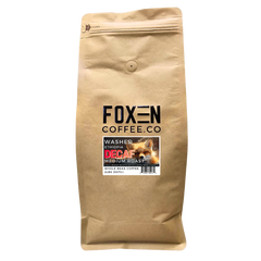 Foxen Ethiopian Decaf Medium Roast coffee in a brown resealable bag