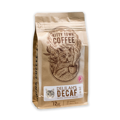 Kitty Town Delilah’s Brazilian Dark Roast Decaf Coffee — 12 oz kraft Kitty Town bag with illustrated cat label