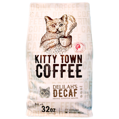 Kitty Town Delilah’s Brazilian Dark Roast Decaf Coffee — 32 oz Kitty Town package with large cat illustration