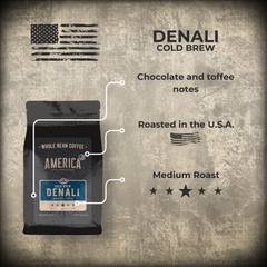 America Coffee Co. Denali Cold Brew Coffee origin, roast, and tasting profile graphic