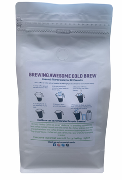 Back of Fuzzy Monkey cold-brew pouch with preparation information