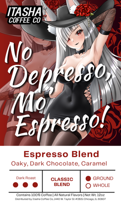 No Depresso More Espresso label with a white-haired character wearing a hat on red