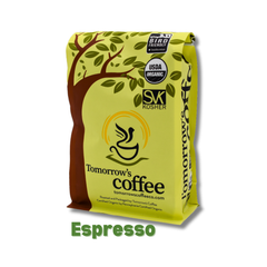 Yellow and green Tomorrow’s Coffee bag with bird-and-tree artwork — Tomorrow’s Coffee Organic Espresso Blend gallery