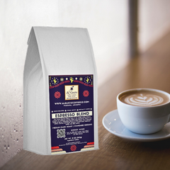 White Espresso Blend bag beside a cup of milk coffee — Al Gusto Espresso Blend Dark Roast Coffee