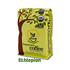 Yellow and green Tomorrow’s Coffee bag with bird-and-tree artwork — Tomorrow’s Coffee Ethiopian Organic Coffee gallery