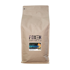 Foxen Espresso Blend Medium Roast coffee in a large brown bag — alternate front package photograph