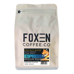 Foxen Espresso Blend Medium Roast ground coffee in a white pouch