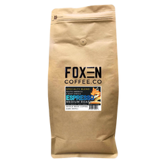 Foxen Espresso Blend Medium Roast coffee in a brown resealable bag