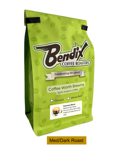 Front of green Bendix Espresso Medium-Dark Roast Coffee bag showing its product label