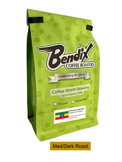 Front of green Bendix Ethiopian Yirgacheffe Medium-Dark Coffee bag showing its product label