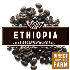 Ethiopia farm-direct name graphic over roasted beans — Hemisphere Ethiopia Lekempti Washed Light Roast, 12 oz