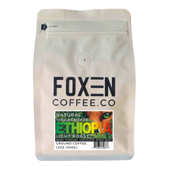 Foxen Ethiopia Yirgacheffe Light Roast ground coffee in a white pouch