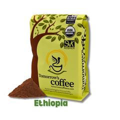 Tomorrow’s Coffee bag beside lighter-colored ground coffee — Tomorrow’s Coffee Ethiopian Organic Coffee gallery