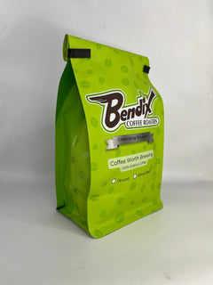 Angled green Bendix coffee bag on a neutral background — Bendix Snickerdoodle Flavored Coffee gallery