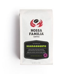 Nossa Familia Nicaragua Maragogipe Natural Coffee — white Nossa Familia bag with black Maragogipe label