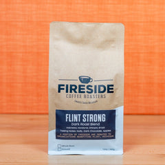 Fireside Flint Strong Dark Roast Coffee — coffee package side panel