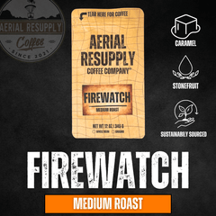 Fire Watch medium-roast product graphic with caramel and stonefruit icons