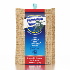 Plantation Blue 8 oz dark ground Jamaica Blue Mountain coffee in burlap packaging with a tall blue label