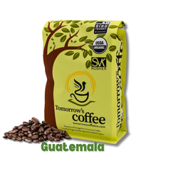 Tomorrow’s Coffee bag beside darker-roasted whole beans — Tomorrow’s Coffee Guatemalan Organic Coffee gallery