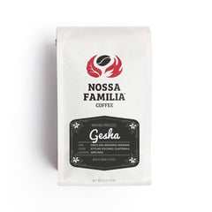 Nossa Familia Guatemala Miramar Washed Gesha Coffee — white Nossa Familia bag with black Gesha label