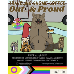 Pride label showing camping characters and rainbow flag