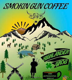 Smokin Gun Highlander Grog label with mountains and bagpipe illustration