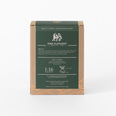 Back of the Pink Elephant Guatemala Huehuetenango package with brewing illustrations