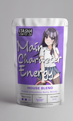 Silver Itasha Main Character Energy coffee pouch with the purple illustrated house-blend label