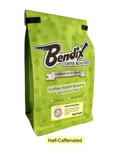 Front of green Bendix Half-Caff Coffee Blend bag showing its product label