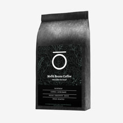Mello Beans Huntress Lion’s Mane Coffee — black Mello Beans pouch with dark botanical label