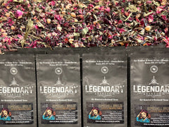 Legendary Aviation Bombshell Breeze tea packages beside the loose blend