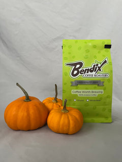 Green Bendix Pumpkin Spice coffee bag beside two pumpkins — Bendix Pumpkin Spice Medium Roast Coffee gallery