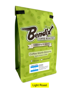Front of green Bendix Honduras Light Roast Coffee bag showing its product label