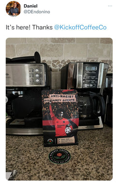 Customer post showing a Solidarity Always bag near coffee equipment — Kickoff Solidarity Always Rwanda Coffee