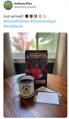 Customer post showing the bag beside a mug and handwritten note — Kickoff Solidarity Always Rwanda Coffee