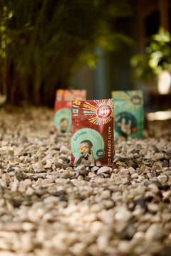 Front of the red Kafe Dondon package in a shaded gravel display