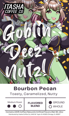 Goblin Deez Nutz bourbon-pecan label with a green-skinned fantasy character