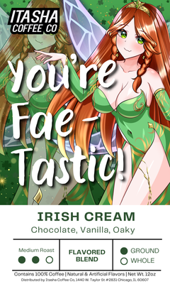 You’re Fae-Tastic Irish-cream label featuring a red-haired fairy in green