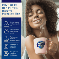 Promotional panel for Plantation Blue 8 oz medium ground Jamaica Blue Mountain coffee showing a woman holding a mug beside product icons