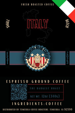 Flat Italy Extra-Dark Roast Coffee label with Italian flag corner and Freedom Bear crest